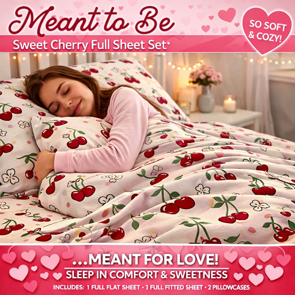 Full Sheet Set - Red and White Cherry Heart  Design